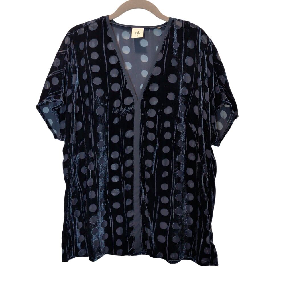 Cabi Women's Sz M Navy Blue Velvet Burn Out Polka Dot Top Short Sleeve V Neck
